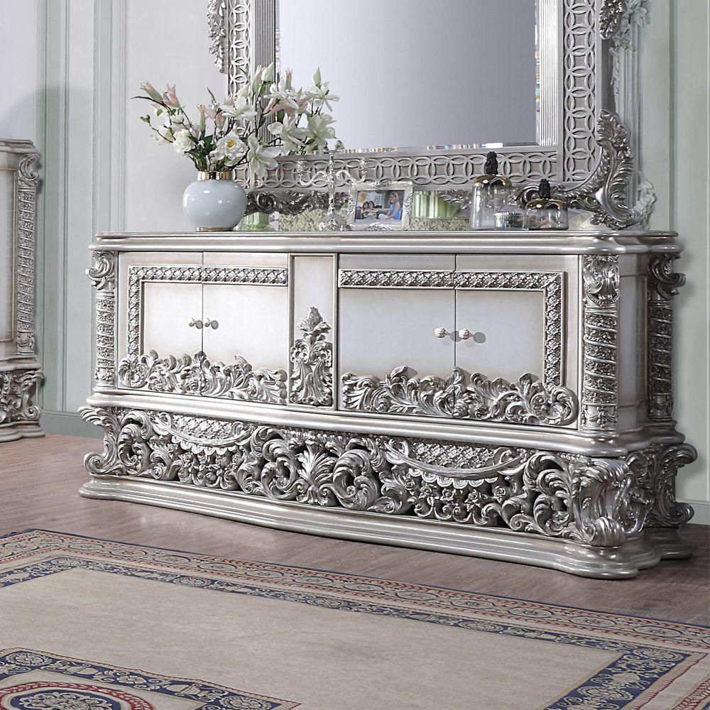 Acme BD00683EK-4PC Astoria grand valkyrie gray finish wood faux leather french inspired ornate eastern king bedroom set