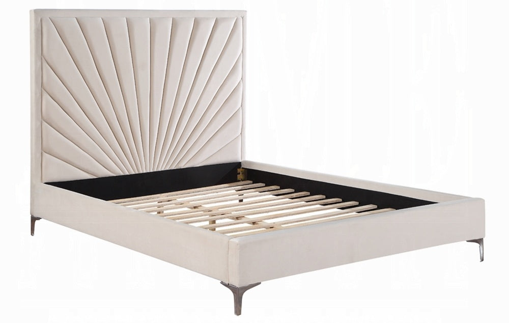 Acme BD00957Q-4PC 4 pc Faiz beige velvet fabric sunburst tufted channel design mirrored silver finish wood queen bedroom set