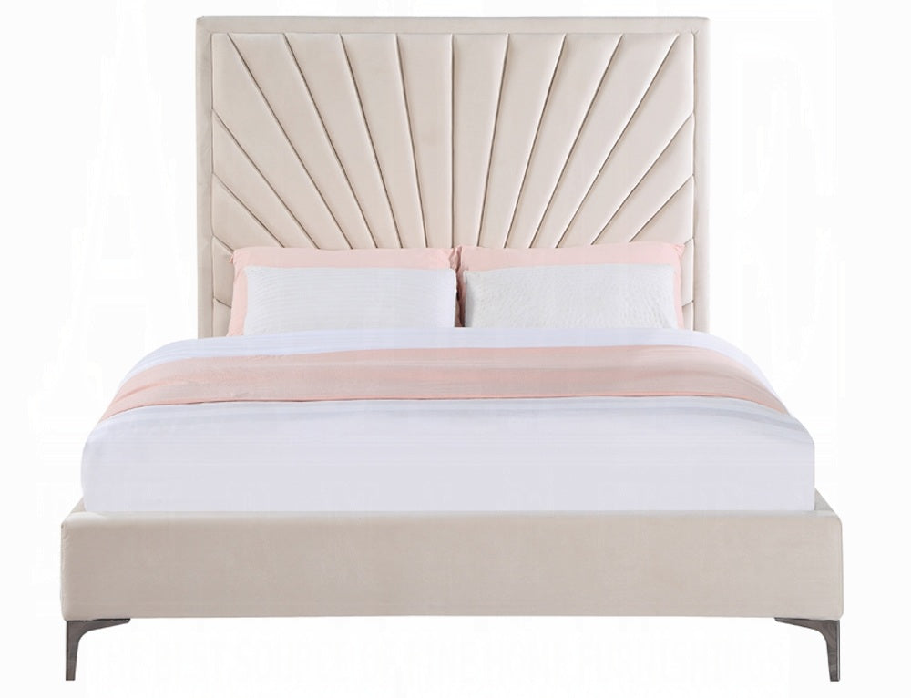 Acme BD00957Q-4PC 4 pc Faiz beige velvet fabric sunburst tufted channel design mirrored silver finish wood queen bedroom set