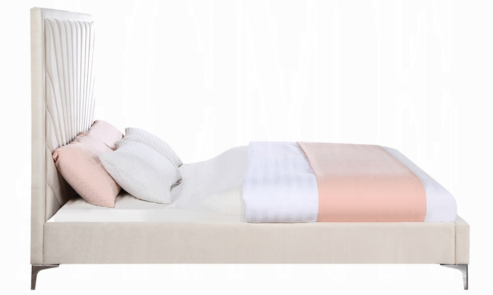 Acme BD00957Q-4PC 4 pc Faiz beige velvet fabric sunburst tufted channel design mirrored silver finish wood queen bedroom set