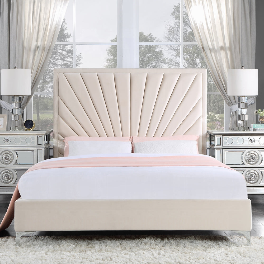 Acme BD00957Q-4PC 4 pc Faiz beige velvet fabric sunburst tufted channel design mirrored silver finish wood queen bedroom set