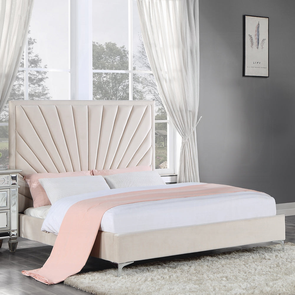 Acme BD00957Q-4PC 4 pc Faiz beige velvet fabric sunburst tufted channel design mirrored silver finish wood queen bedroom set