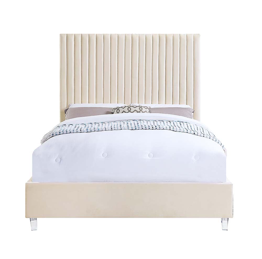 Acme BD00963Q Rosdorf park edzia beige velvet fabric tufted queen platform bed