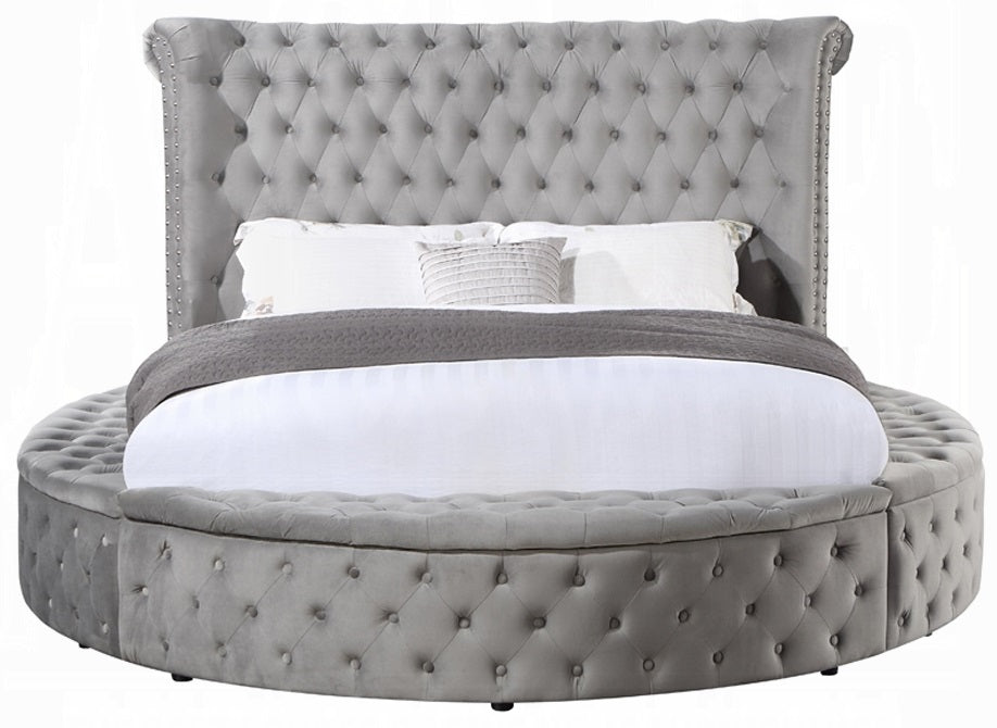 Acme BD00967Q Gaiva grey velvet upholstered fabric tufted round queen bed set with storage