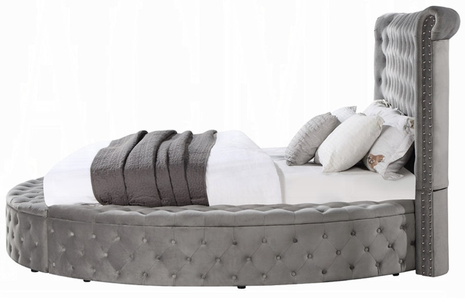 Acme BD00967Q Gaiva grey velvet upholstered fabric tufted round queen bed set with storage