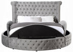 Acme BD00967Q Gaiva grey velvet upholstered fabric tufted round queen bed set with storage