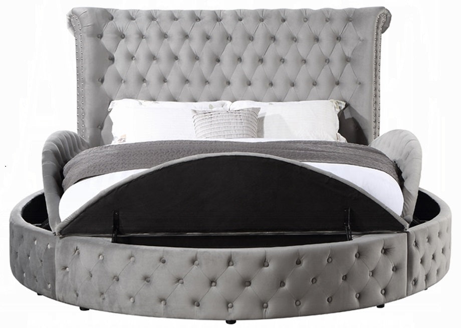 Acme BD00967Q Gaiva grey velvet upholstered fabric tufted round queen bed set with storage