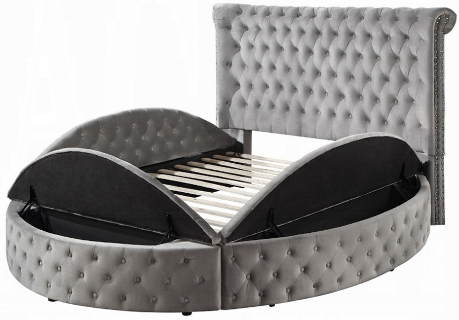 Acme BD00967Q Gaiva grey velvet upholstered fabric tufted round queen bed set with storage