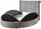 Acme BD00967Q Gaiva grey velvet upholstered fabric tufted round queen bed set with storage