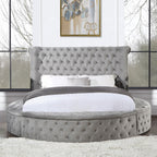 Acme BD00967Q Gaiva grey velvet upholstered fabric tufted round queen bed set with storage
