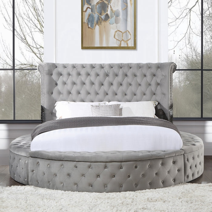 Acme BD00967Q Gaiva grey velvet upholstered fabric tufted round queen bed set with storage