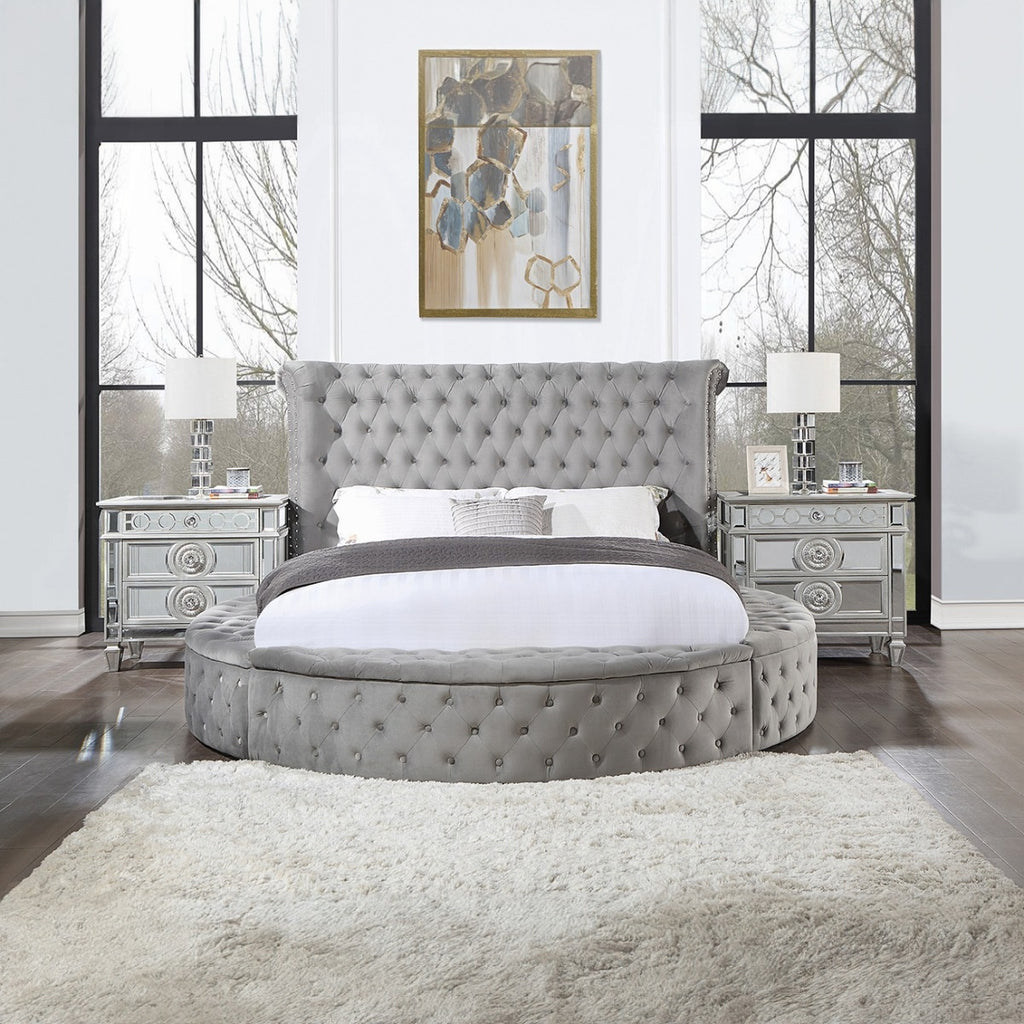 Acme BD00967Q Gaiva grey velvet upholstered fabric tufted round queen bed set with storage