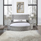 Acme BD00967Q Gaiva grey velvet upholstered fabric tufted round queen bed set with storage