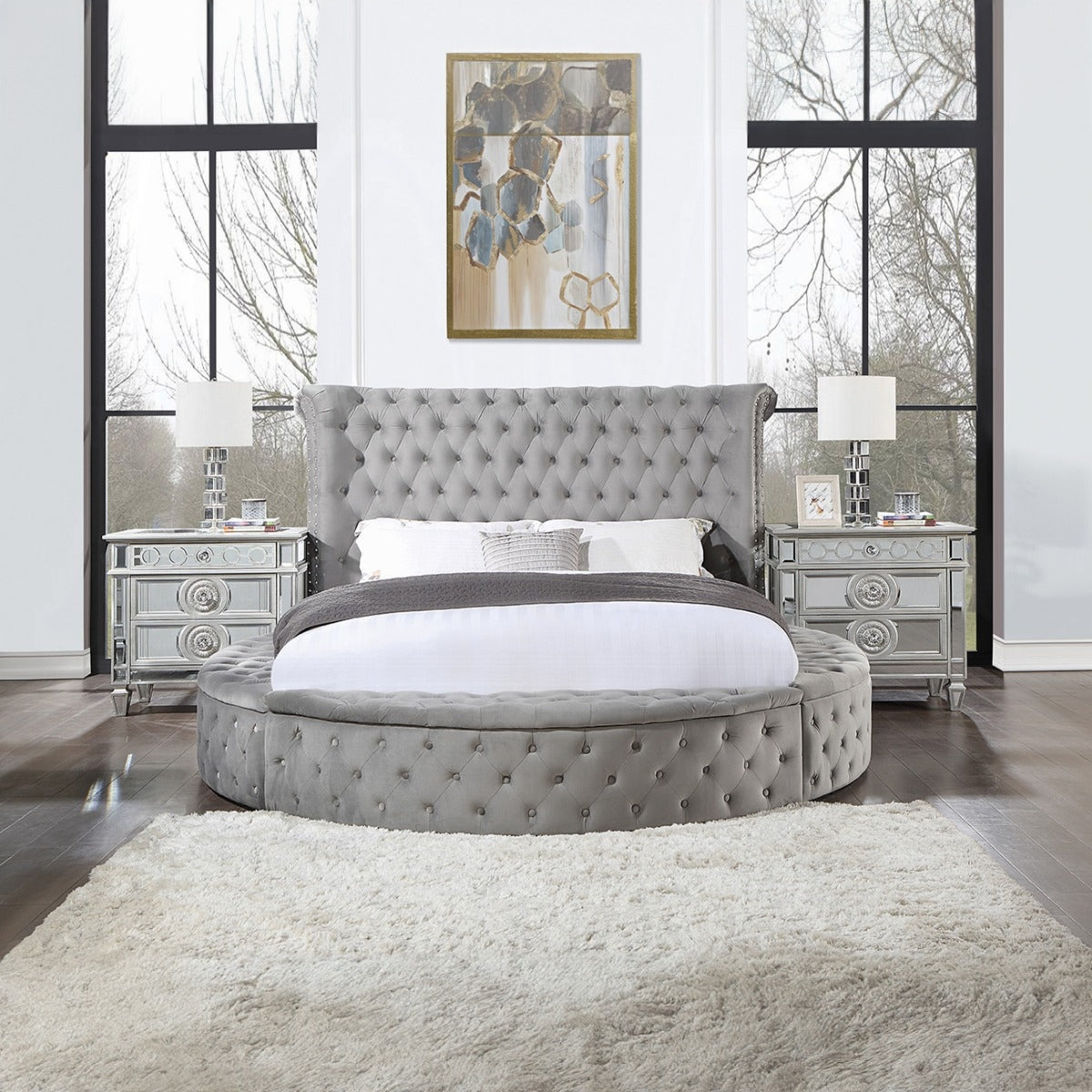 Acme BD00967Q Gaiva grey velvet upholstered fabric tufted round queen bed set with storage