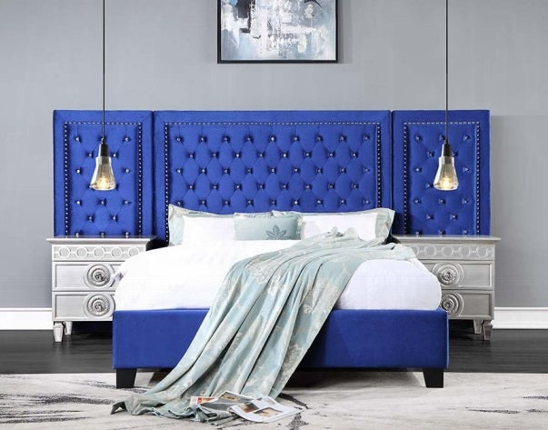 Acme BD00973Q Damazy blue velvet upholstered fabric queen tufted paneled headboard bedroom set
