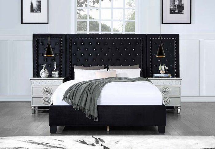 Acme BD00975Q Damazy black velvet upholstered fabric queen tufted paneled headboard bedroom set