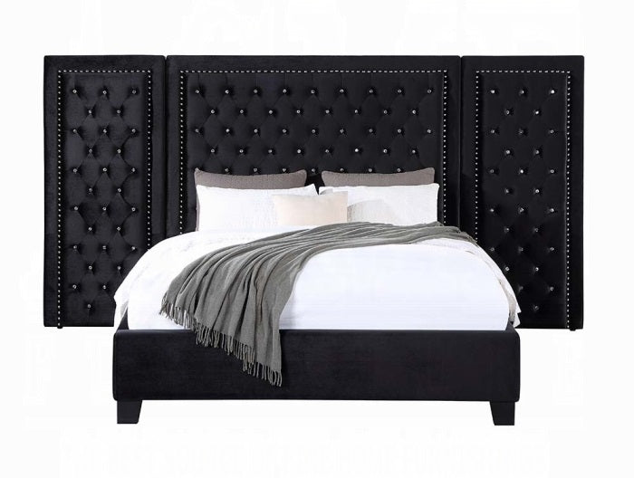 Acme BD00975Q Damazy black velvet upholstered fabric queen tufted paneled headboard bedroom set