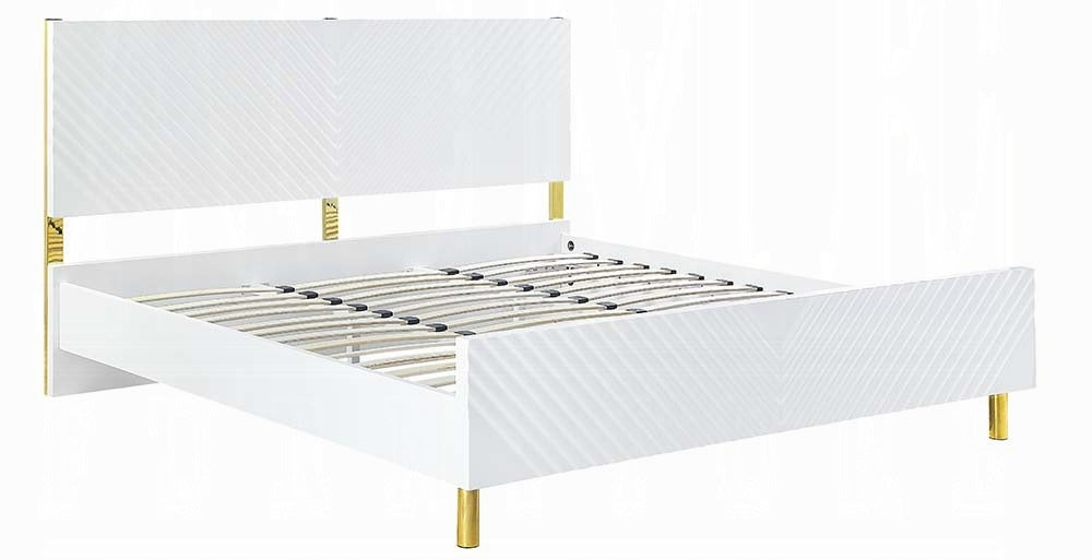 Acme BD01034Q 4 pc Rosdorf park gaines white high gloss finish wood gold accents modern style queen platform bed set