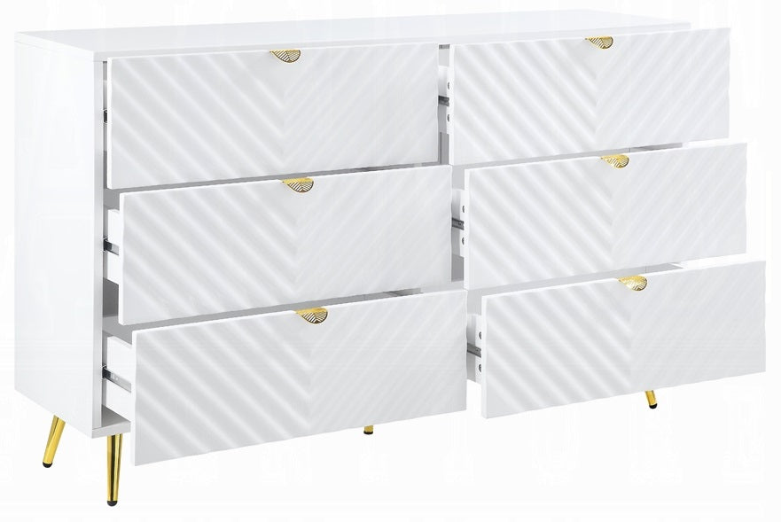 Acme BD01034Q 4 pc Rosdorf park gaines white high gloss finish wood gold accents modern style queen platform bed set