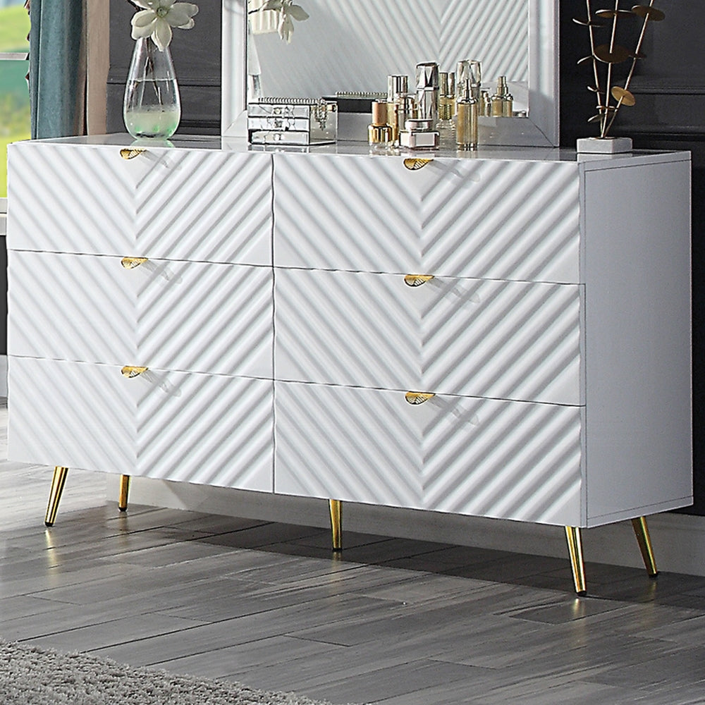 Acme BD01034Q 4 pc Rosdorf park gaines white high gloss finish wood gold accents modern style queen platform bed set