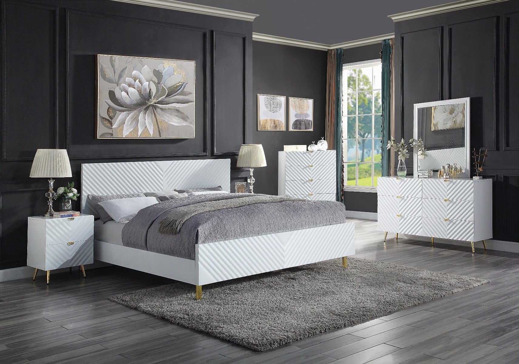 Acme BD01034Q 4 pc Rosdorf park gaines white high gloss finish wood gold accents modern style queen platform bed set