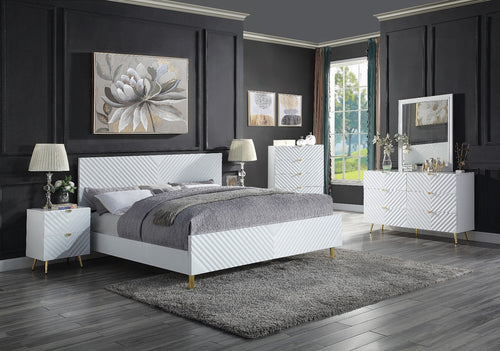 Acme BD01034Q 4 pc Rosdorf park gaines white high gloss finish wood gold accents modern style queen platform bed set