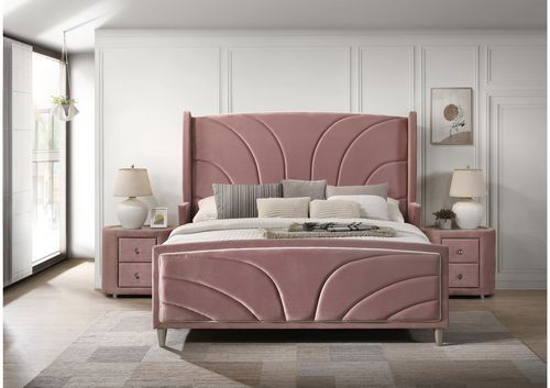 Acme BD01183Q Astoria grand Salonia pink velvet upholstered queen bed mid-century modern design