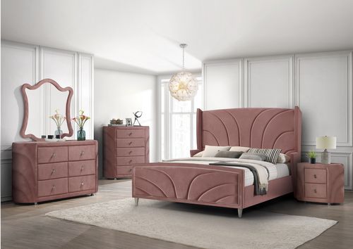 Acme BD01183-4PC Astoria grand Salonia pink velvet upholstered queen bedroom set mid-century modern design
