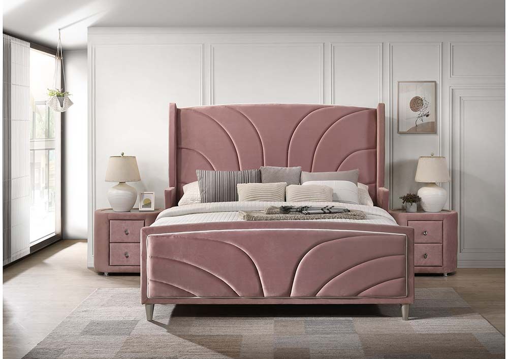 Acme BD01183-4PC Astoria grand Salonia pink velvet upholstered queen bedroom set mid-century modern design