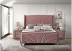 Acme BD01183-4PC Astoria grand Salonia pink velvet upholstered queen bedroom set mid-century modern design