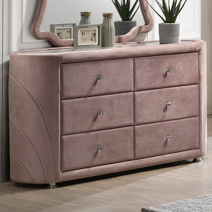 Acme BD01186  Salonia pink velvet upholstered rounded sides 6 drawer dresser