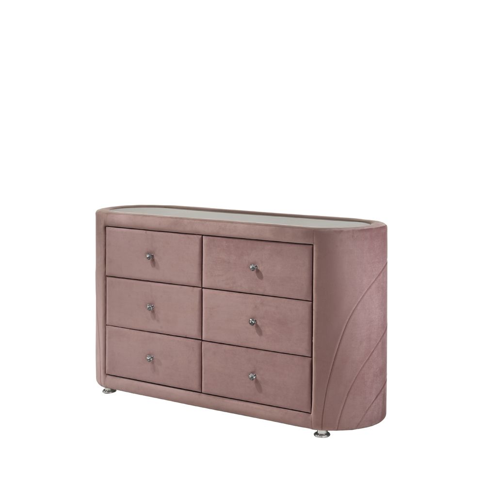 Acme BD01183-4PC Astoria grand Salonia pink velvet upholstered queen bedroom set mid-century modern design
