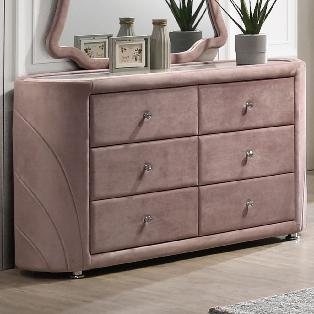 Acme BD01183-4PC Astoria grand Salonia pink velvet upholstered queen bedroom set mid-century modern design