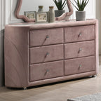 Acme BD01183-4PC Astoria grand Salonia pink velvet upholstered queen bedroom set mid-century modern design