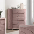 Acme BD01187  Salonia pink velvet upholstered rounded sides 5 drawer tall chest