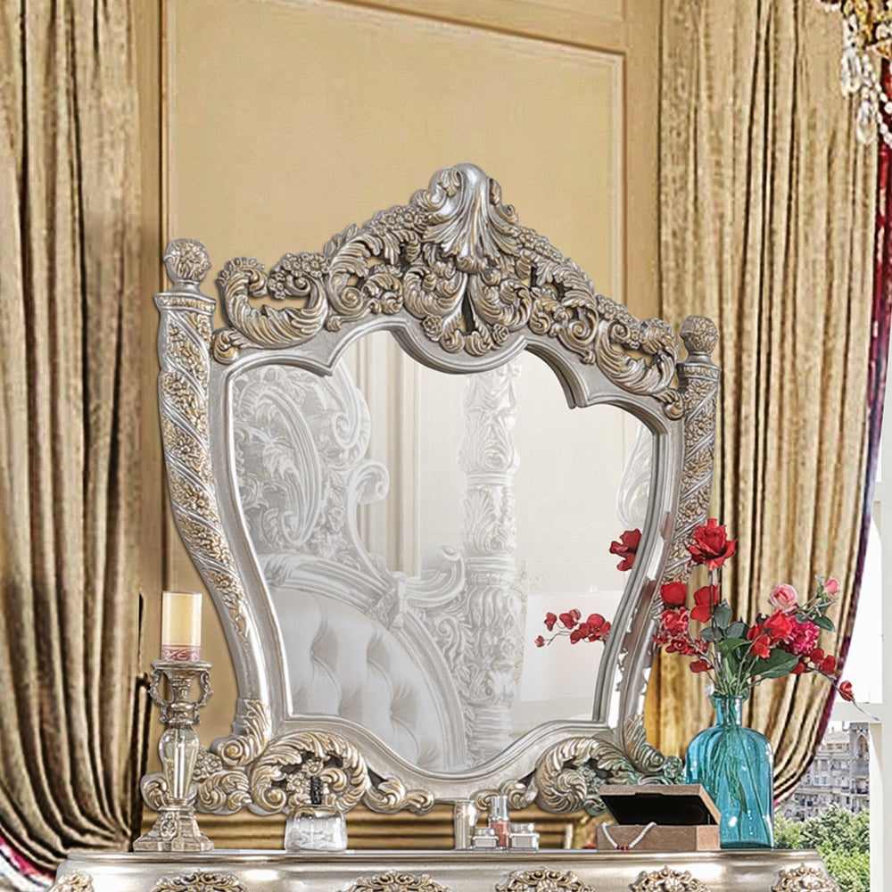 Acme BD01234EK-4PC Astoria grand Danae champagne and gold finish wood faux leather french inspired ornate eastern king poster bedroom set