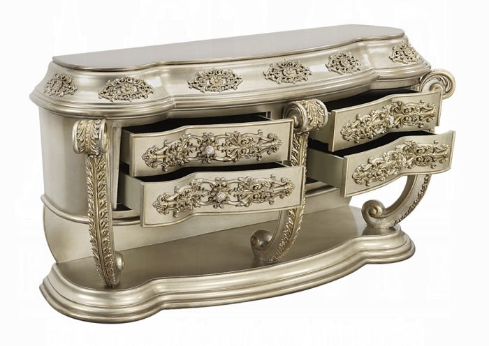 Acme BD01234EK-4PC Astoria grand Danae champagne and gold finish wood faux leather french inspired ornate eastern king poster bedroom set