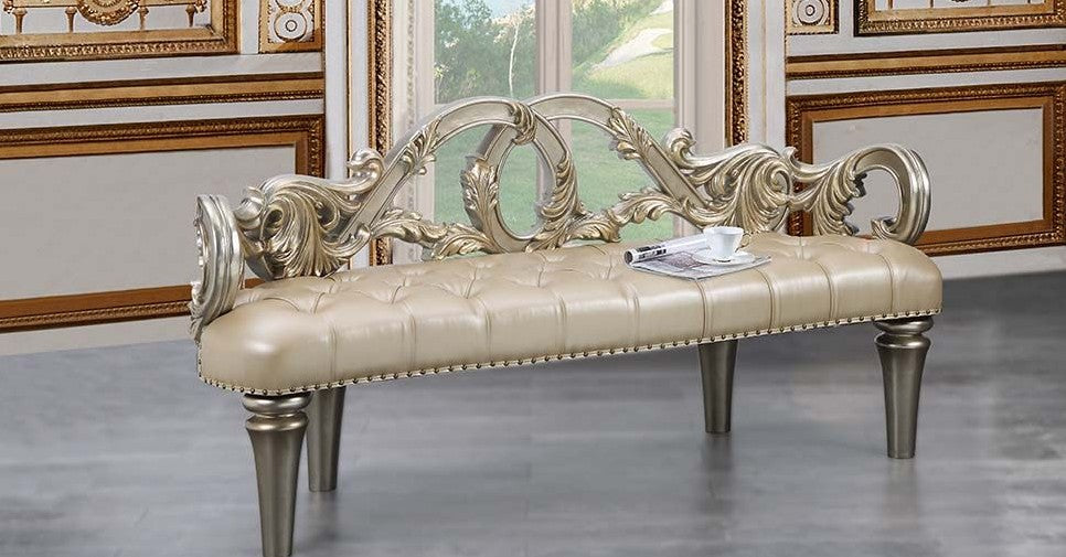 Acme BD01239 Astoria grand danae champagne gold finish wood faux leather french inspired ornate bedroom bench