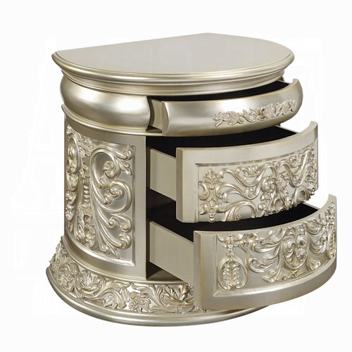 Acme BD01242 Astoria grand Sorina antique gold finish wood french inspired ornate 3 drawer nightstand
