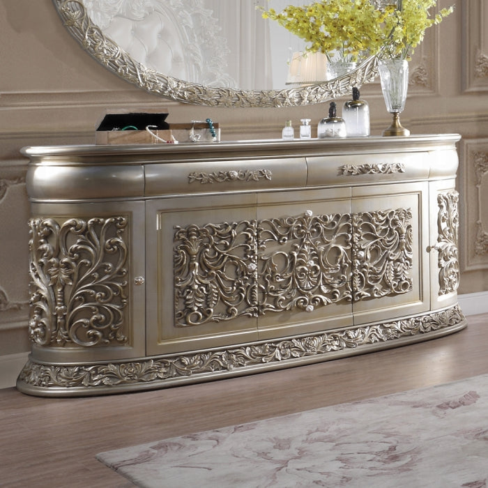 Acme BD01244 Astoria grand Sorina antique gold finish wood french inspired ornate 5 drawer 4 cabinets dresser buffet console cabinet