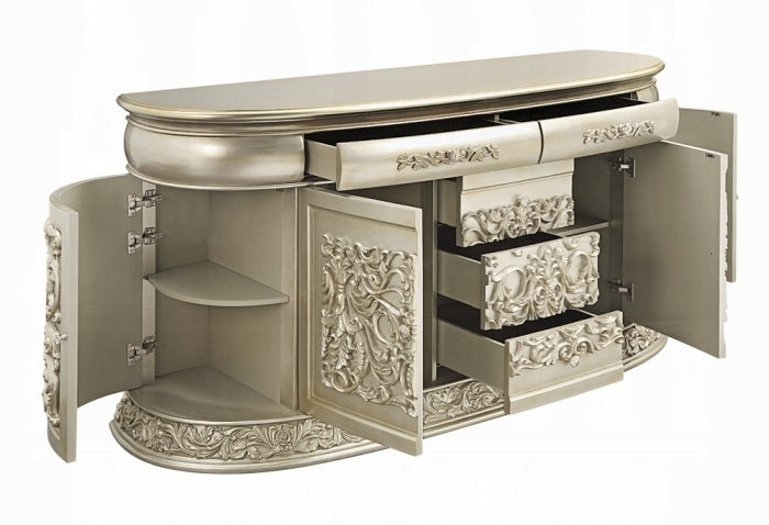 Acme BD01244 Astoria grand Sorina antique gold finish wood french inspired ornate 5 drawer 4 cabinets dresser buffet console cabinet