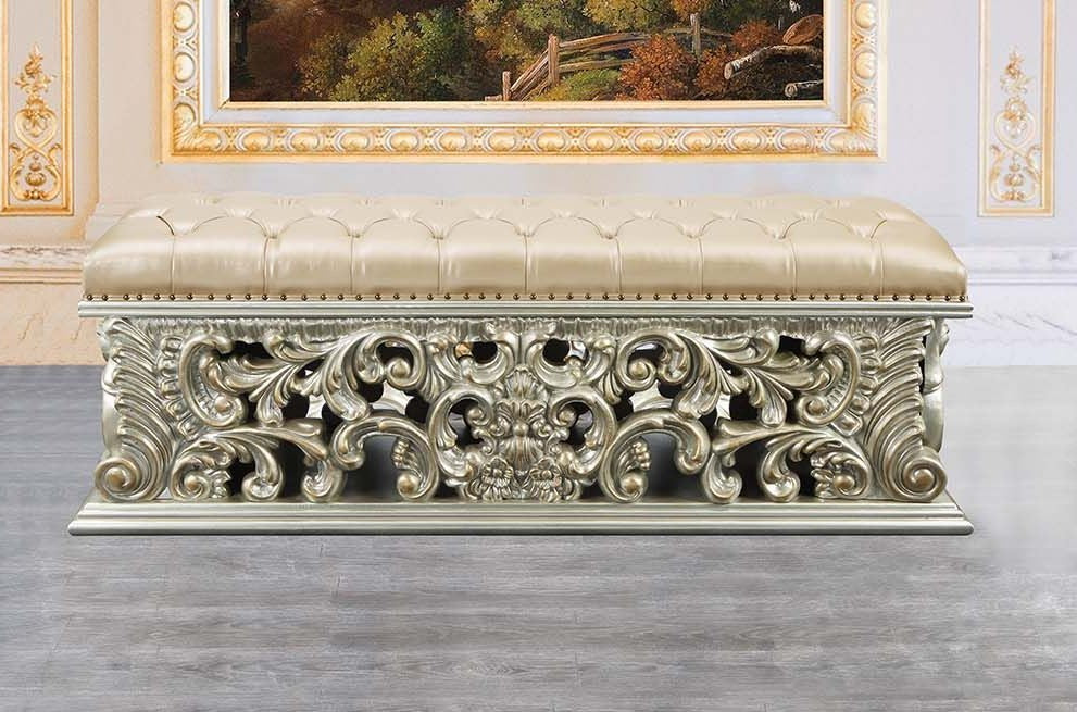 Acme BD01246 Astoria grand adara antique gold finish wood faux leather french inspired ornate bedroom bench