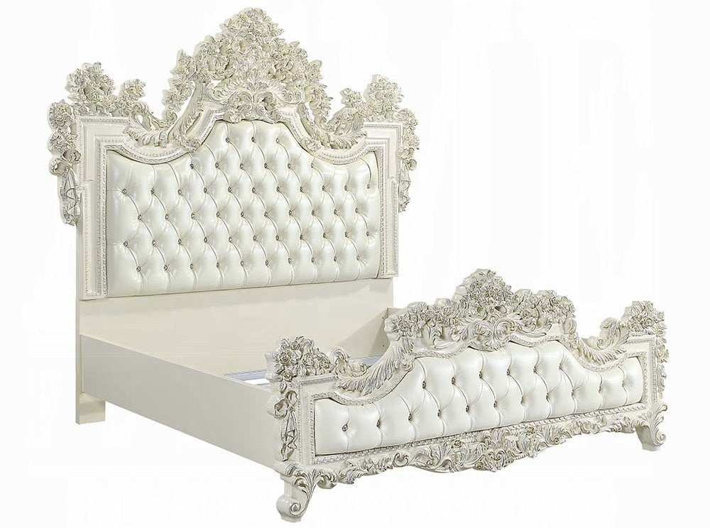 Acme BD01248EK-4PC Astoria grand Adara antique white finish wood faux leather french inspired ornate eastern king bedroom set