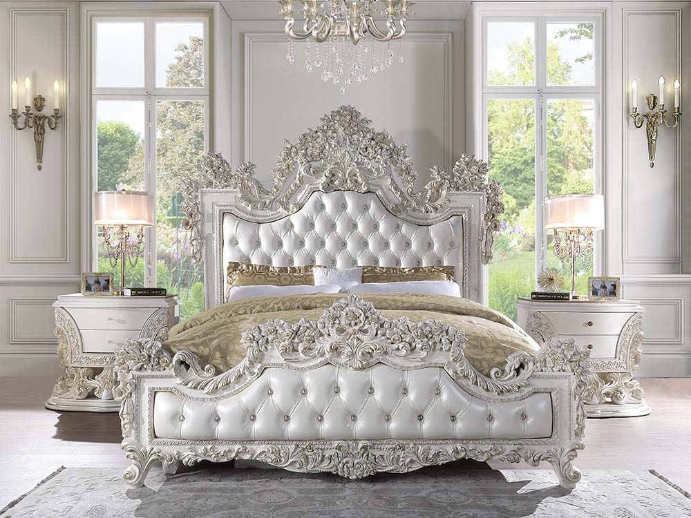 Acme BD01248EK Astoria grand Adara antique white finish wood faux leather french inspired ornate eastern king bed
