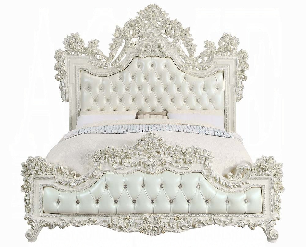 Acme BD01248EK-4PC Astoria grand Adara antique white finish wood faux leather french inspired ornate eastern king bedroom set