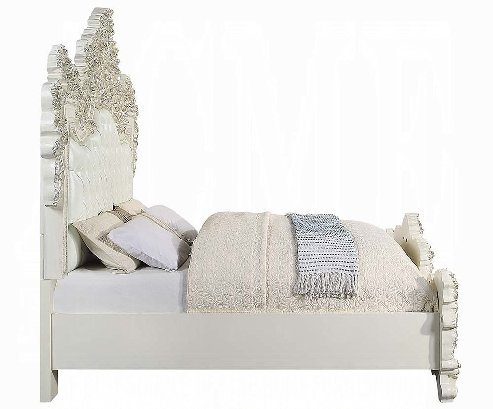 Acme BD01248EK-4PC Astoria grand Adara antique white finish wood faux leather french inspired ornate eastern king bedroom set