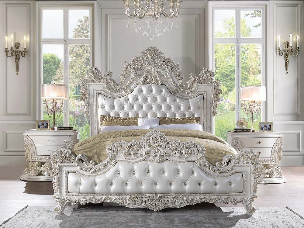 Acme BD01248EK-4PC Astoria grand Adara antique white finish wood faux leather french inspired ornate eastern king bedroom set