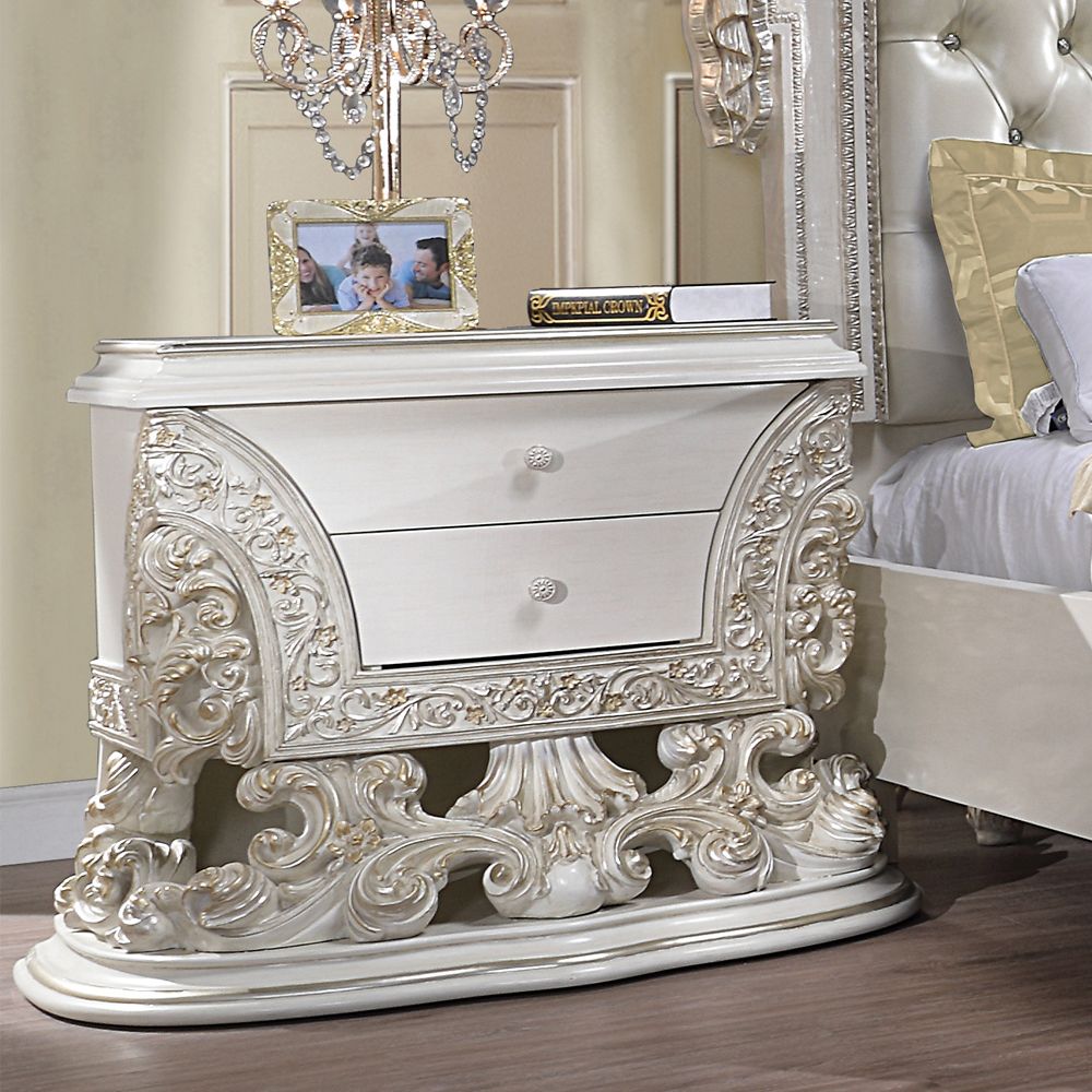 Acme BD01248EK-4PC Astoria grand Adara antique white finish wood faux leather french inspired ornate eastern king bedroom set