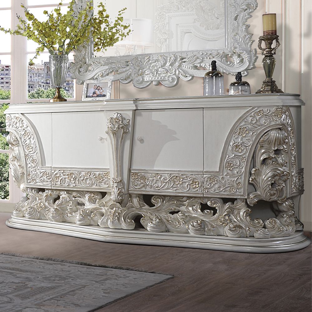 Acme BD01248EK-4PC Astoria grand Adara antique white finish wood faux leather french inspired ornate eastern king bedroom set