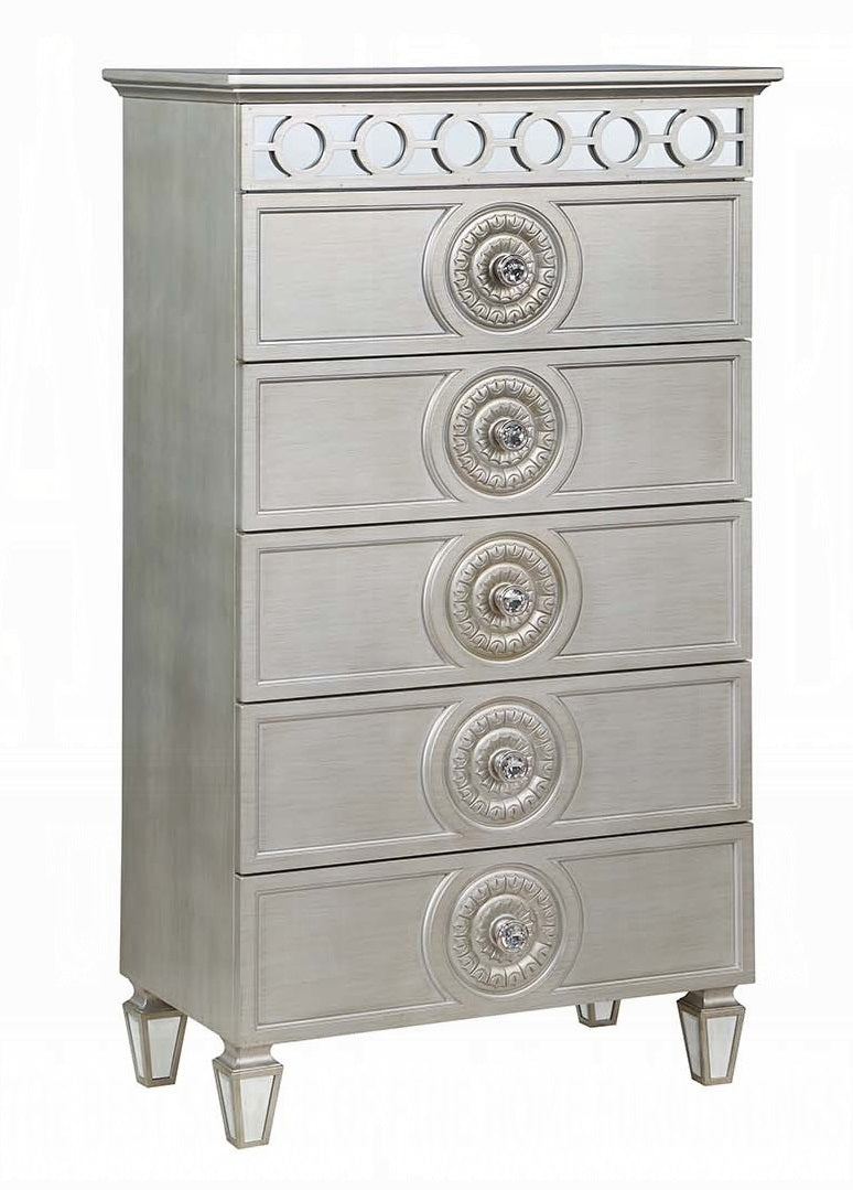 Acme BD01282 Varian silver and mirrored finish wood 5 drawer tall chest